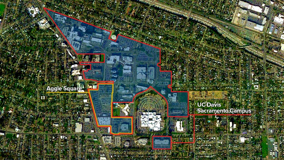 Aerial photo showing the proposed Aggie Square development