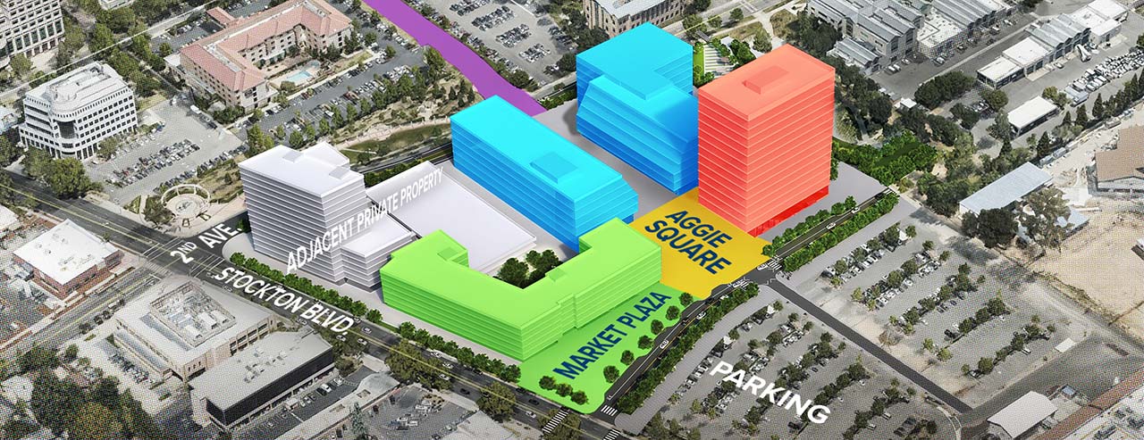 Aerial photo and digital illustration showing the proposed Aggie Square development