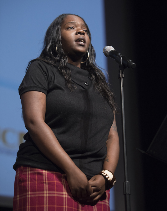 Denisha "Coco" Bland presents a spoken-word performance at last year’s Fall Convocation. (Karin Higgins/UC Davis photo)