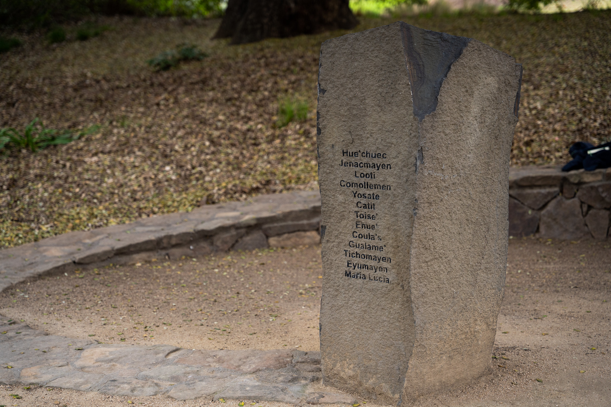 A basalt monument engraved with text stands in the Native American Contemplative Garden on the UC Davis campus.