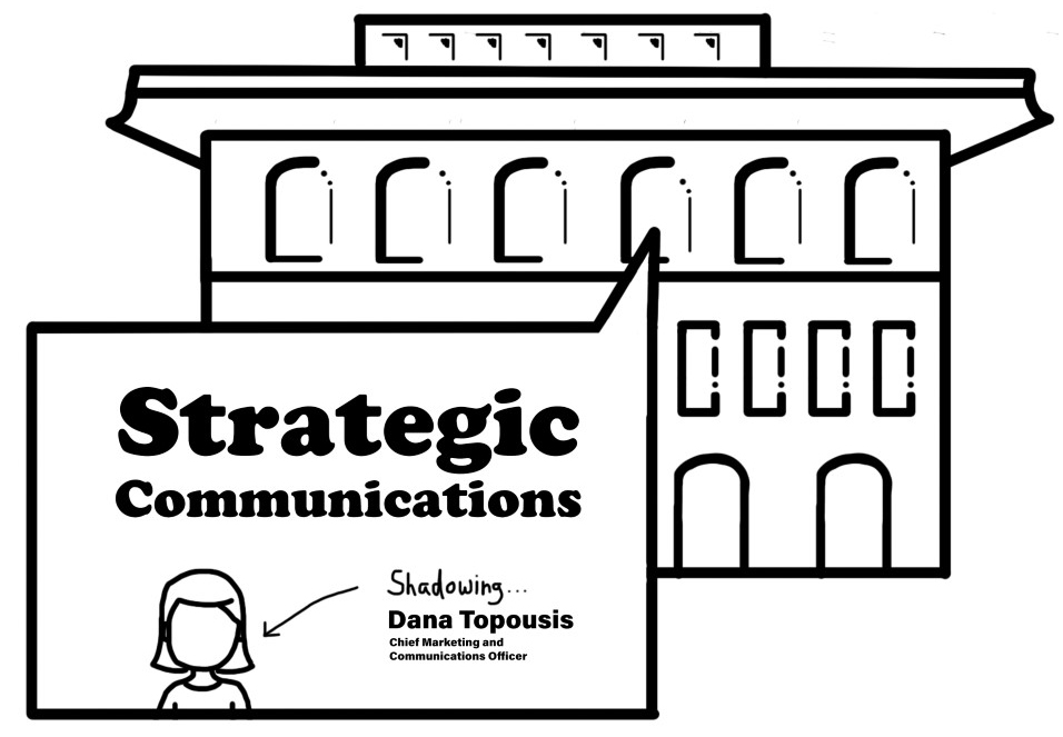 A line drawing of Mrak Hall and a sign that says Strategic Communications