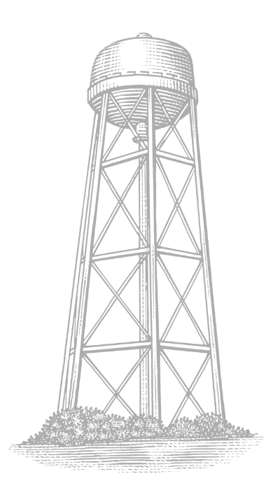 Black-and-white engraving of a tall water tower with lattice legs on a small mound