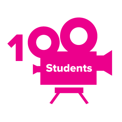 Pink movie graphic with the words "100 students"