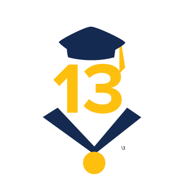 "Factoid graphic: \"13\" with graduation cap and medal"