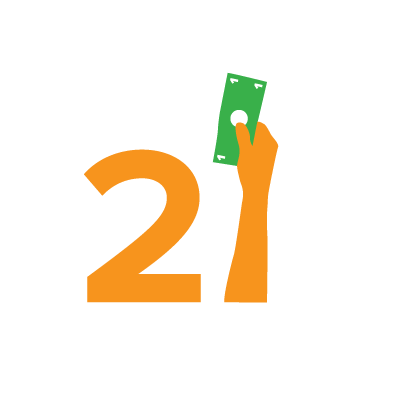 "Factoid graphic: \"21,\" with a hand as 1, holding a dollar bill"