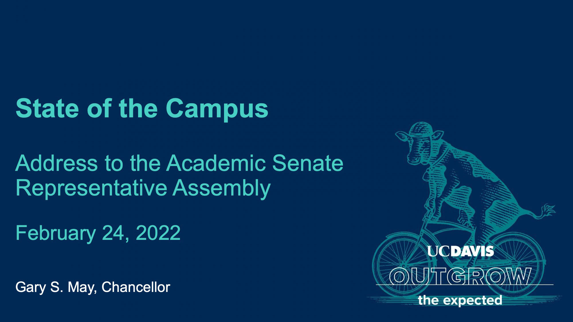 "State of the Campus" title slide with drawing of cow on bicycle, plus audience, date and chancellor's name