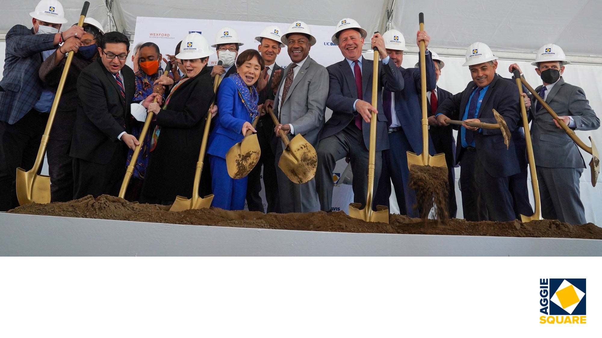 From slide show: image of group turning shovels at Aggie Square groundbreaking, plus Aggie Square logo