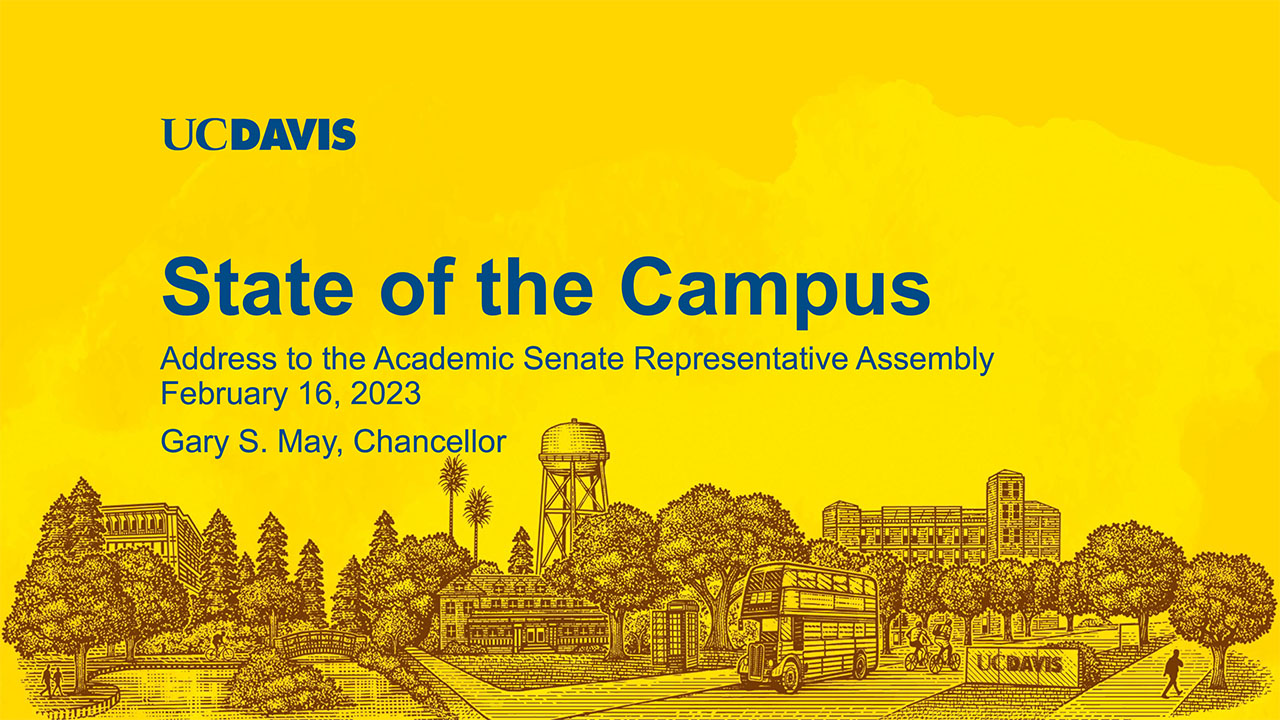 Graphic: UC Davis State of the Campus / Address to the Academic Senate Representative Assembly / Feb. 16, 2023 / Gary S. May, Chancellor