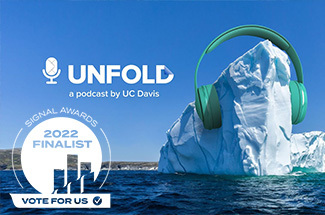 Unfold graphic with headphones and iceberg 