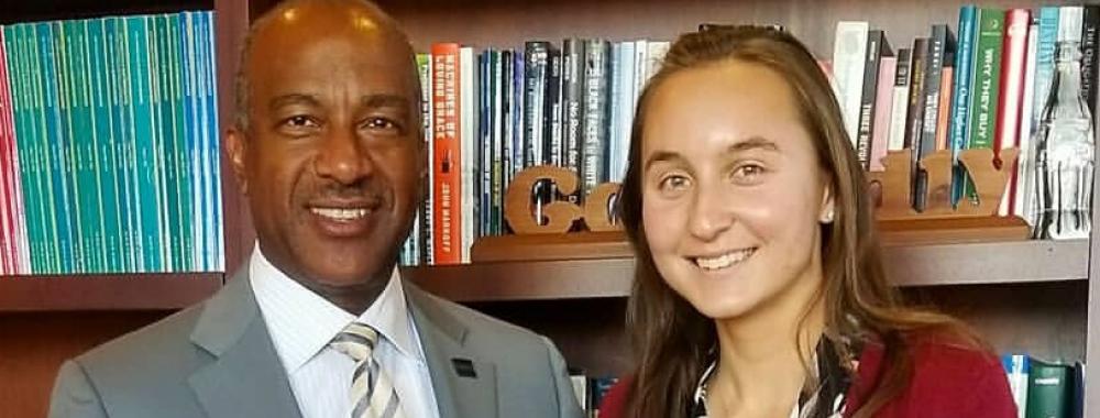 UC Davis student Nicole Deacon poses with Chancellor Gary May