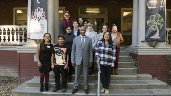 UC Davis Chancellor Gary May visits with students at the Women’s Resources and Research Center on December 4, 2017.