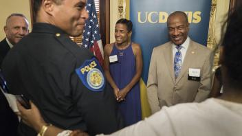 Chancellor Gary May and his wife, LeShelle May, are introduced to the new Sacramento Police Chief, Daniel Hahn at the Sacramento Minority Business Councils at the Leland Stanford Mansion in Sacramento on August 30, 2017.