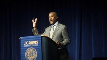 Students attend the New Student Celebration to listen to speakers and watch UC Davis group perform on Monday September 25, 2017. Chancellor Gary May speaks to the students and welcomes them with a Vulcan greeting from Star Trek.