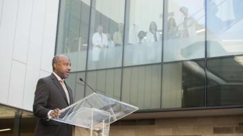 The new Betty Irene Moore Hall School of Nursing grand opening on October 13, 2017. Chancellor Gary May speaks at the grand opening. Tours included the learning classrooms, home health simulation, primary care clinic simulation, hospital ward simulation, and task training lab.