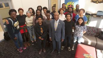 UC Davis Chancellor Gary May visits with students at the Center of African Diaspora Student Success on December 1, 2017.