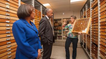 Dean Helene Dillard and Chancellor Gary May tour of the Bohart Museum and the Museum of Wildlife and Fish Biology on February 6, 2018. 