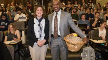 Chancellor May made a surprise visit to Professor Judy Callis’ class to award her the UC Davis Prize for Undergraduate Teaching and Scholarly Achievement.
