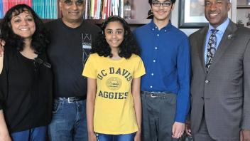 Chancellor May invited Tanishq Abraham, a 14-year-old UC Davis biomedical engineering graduate, and his family to his office.