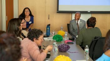 Chancellor Gary May visits with the Latinx Staff and Faculty Association.