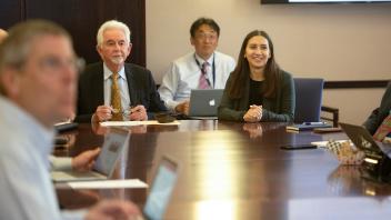 Cameron Carter, Interim Vice Chancellor for Research, attends a meeting on the Administrative Coordination Council of Deans with student leadership shadow Nadine Mansour on May 21, 2018.