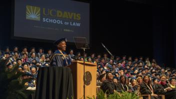 Chancellor May speaks during the UC Davis School of Law Commencement Ceremony in Jackson Hall at the Mondavi Center on Saturday, May 20, 2018.
