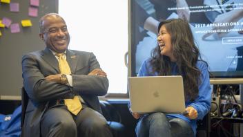 Chancellor May shares a laugh with Computer Science student, Michaela Poblete during his visit to the UC Davis Student Start-up Center in Bainer Hall on October 16, 2018.