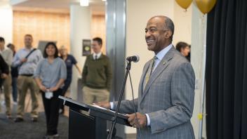 Chancellor May speaks during The Pantry re-opening ceremony for the new location on the first floor of the Memorial Union on March 4, 2019.