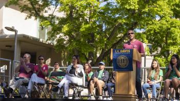 Chancellor May speaks during the parade opening ceremonies at the 105th UC Davis Picnic Day held on April 13, 2019.