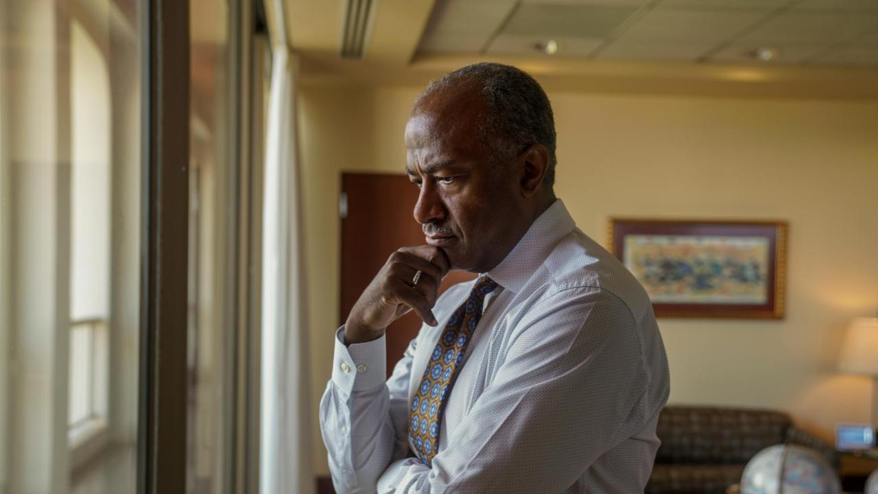 Chancellor Gary May with serious expression on his face and right hand on chin looking out a window.