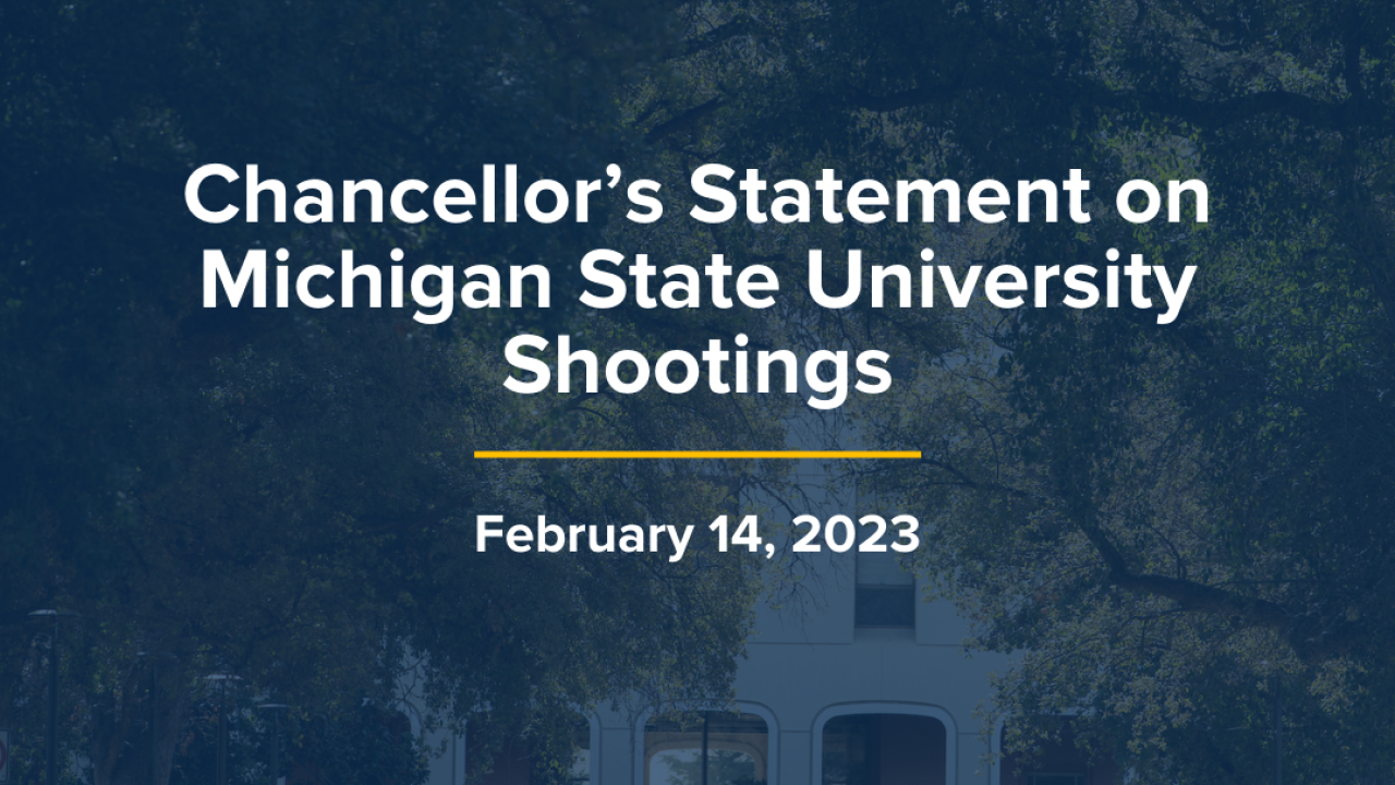 A composite image of Mrak Hall lawn with Egghead dark blue overlay that reads, "Statement on Michigan State University Shootings", with a navy blue line underneath and the date of February 14, 2023 below with a white UC Davis word mark in the bottom right corner.