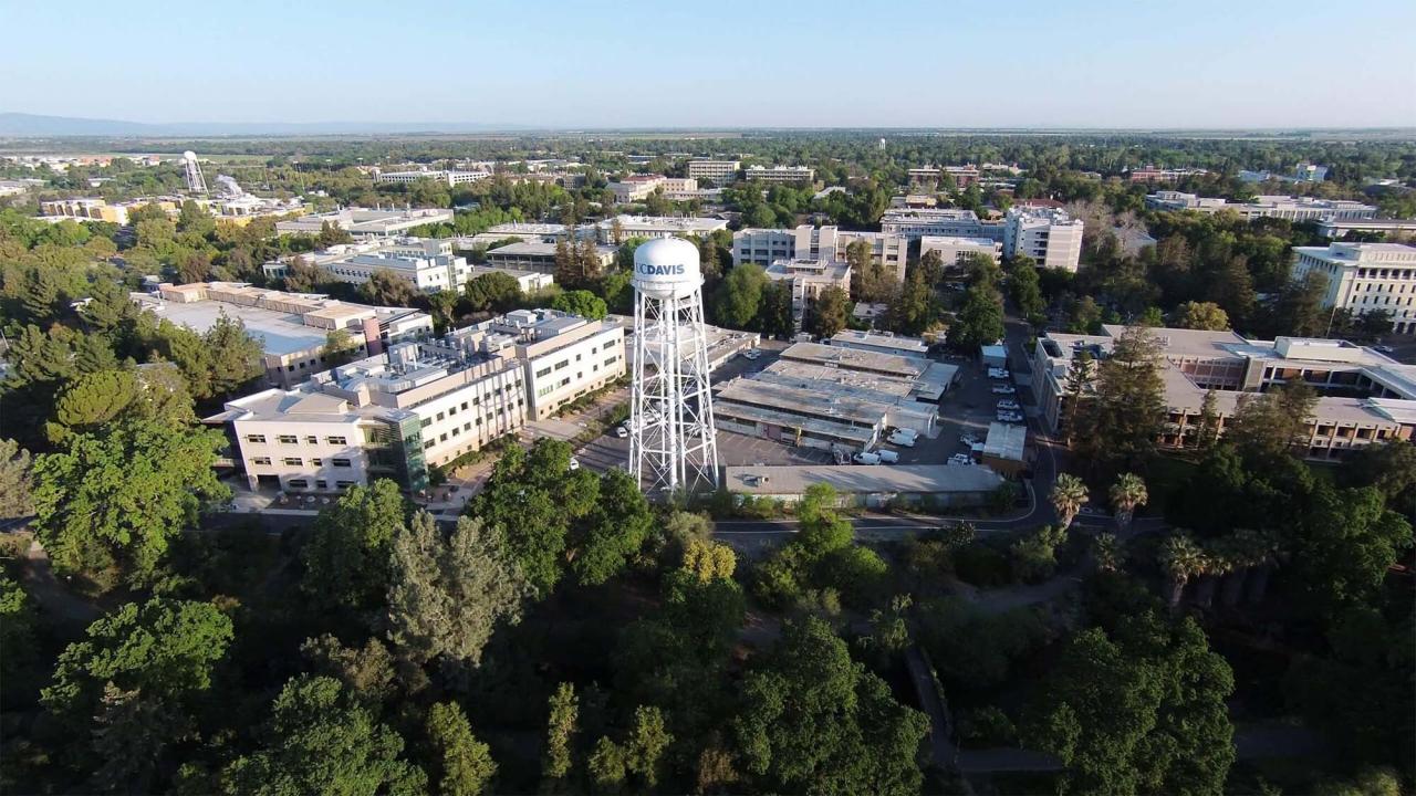 Aerial view of the UC Davis campus with a water tower in the foreground.