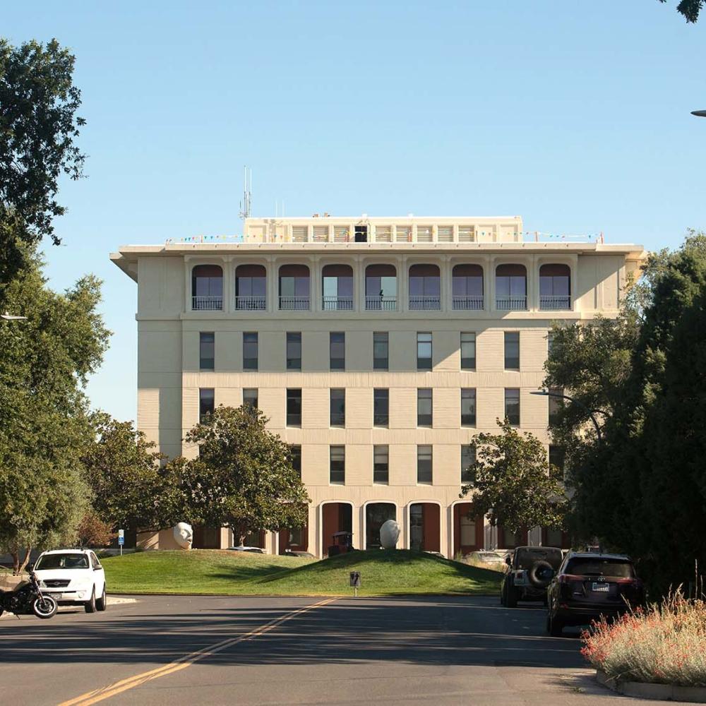 View of Mrak Hall south lawn and building.