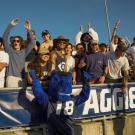Gunrock, the campus mascot visits the Aggie Pack section during a football game at UC Davis Health Stadium.